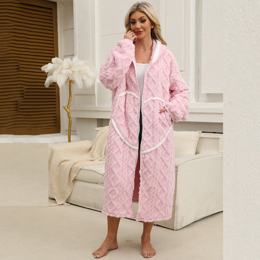 Winter Warm Velvet Cookie Twist Jacquard Plush Casual Hoodie Long Zipper Coat